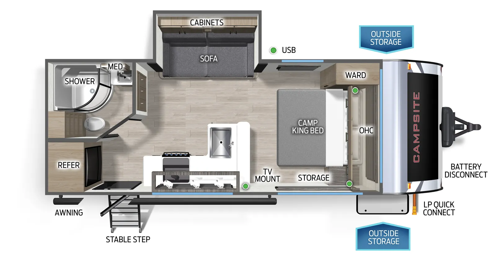 The Campsite Ultra 19KB floorplan has one entry and one slide out. Exterior features include: fiberglass exterior. Interiors features include: front bedroom.
