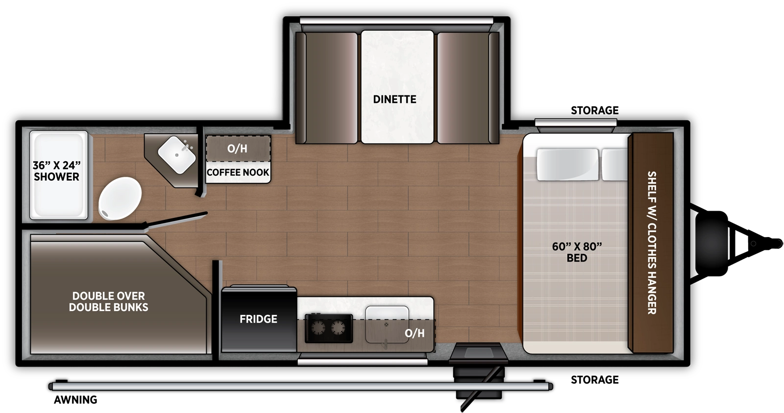 The Airelume 170 floorplan has one entry and one slide out. Exterior features include: metal exterior and 15' awning. Interiors features include: bunk beds and front bedroom.